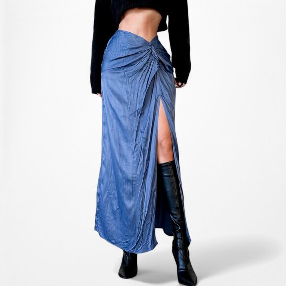 Zara Blue High Waisted Pleated High Slit Satin Midi Skirt Size XS - Picture 2 of 7